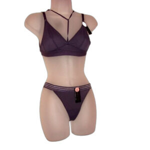 Youmita Medium Gray Ridge Semi-Sheer Bralette & Mesh Lace G String